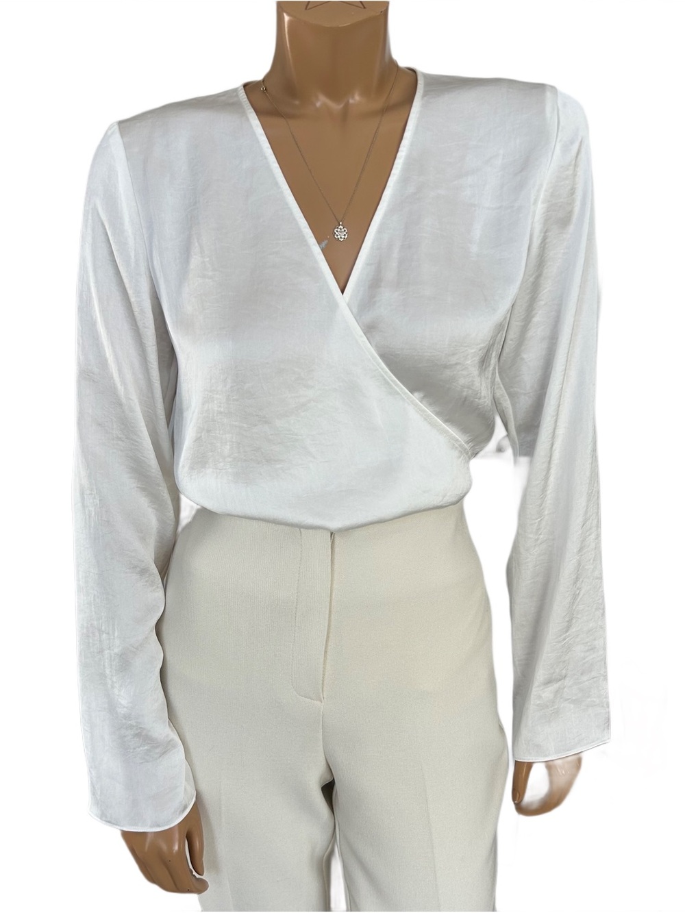 Little Moon Aritzia Cream Wrap V-Neck Long-Sleeve Blouse